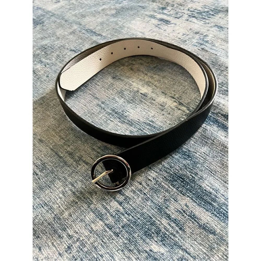 Steve Madden Faux Leather Black and Silver Tone Belt